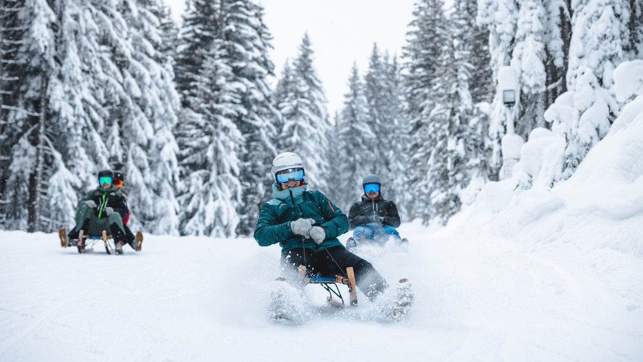 Schnelle Abfahrten im Schnee Drei Personen rodeln einen schneebedeckten Hang hinunter, umgeben von hohen Nadelbäumen.