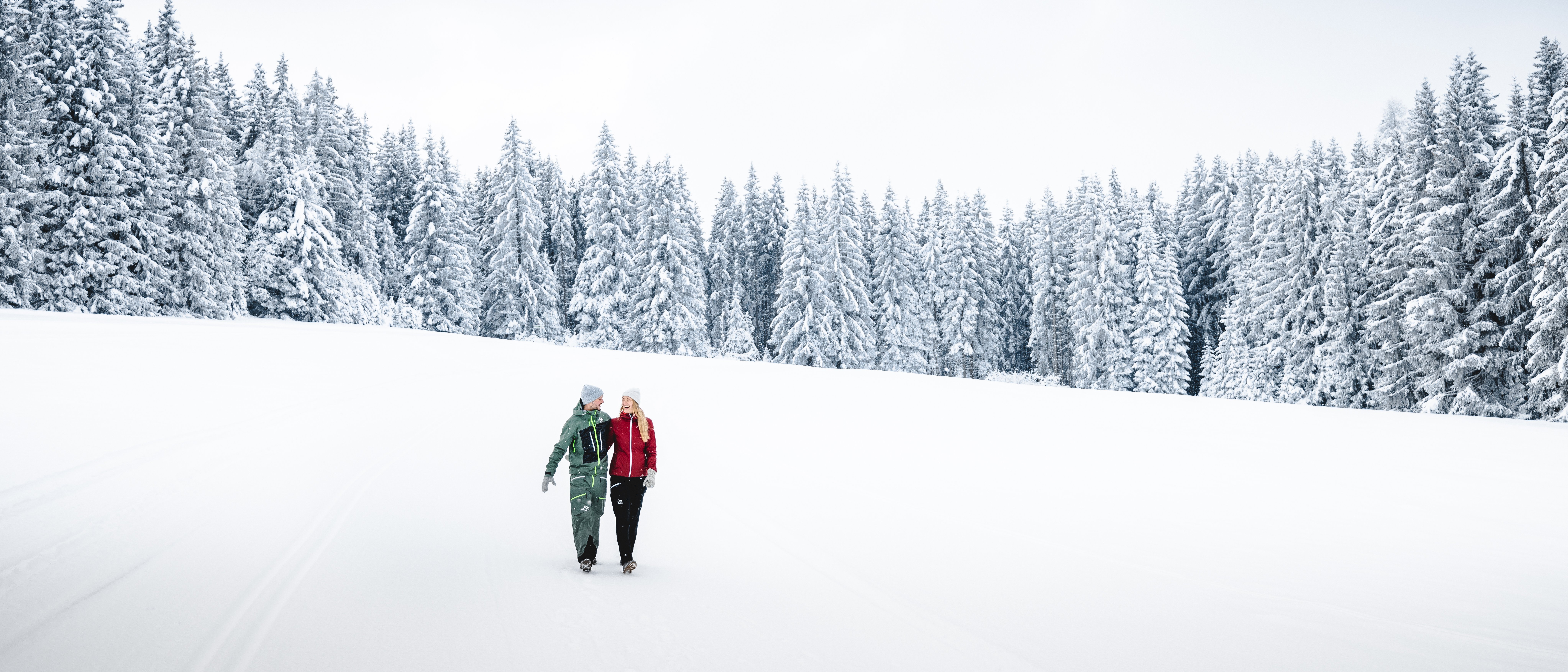 Paar spaziert Hand in Hand durch verschneite Waldlandschaft mit hohen Tannenbäumen