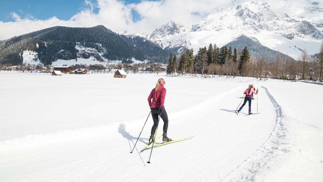 Familie in winterlicher Landschaft beim Langlaufen auf einer Loipe mit verschneiten Bäumen