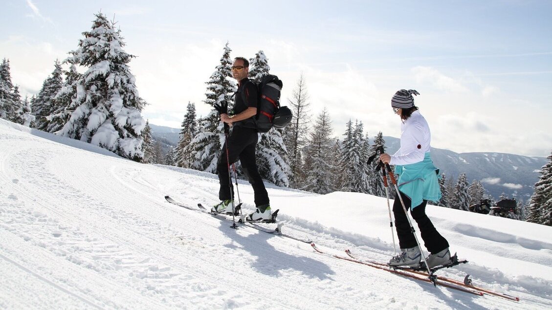 Zwei Skifahrer fahren auf einer verschneiten Piste zwischen Bäumen hindurch, umgeben von winterlicher Landschaft.