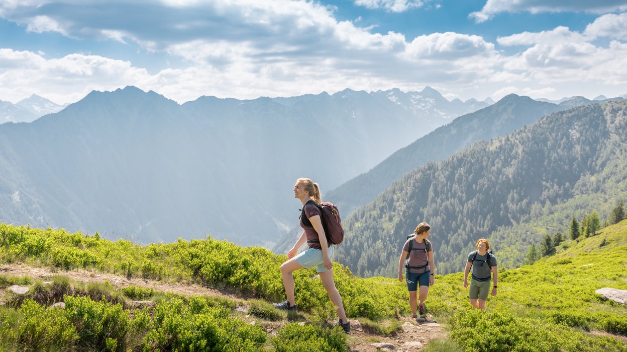 Drei Wanderer auf einem Pfad in einer bergigen Landschaft mit üppigem Grün und fernen Gipfeln unter teils bewölktem Himmel.