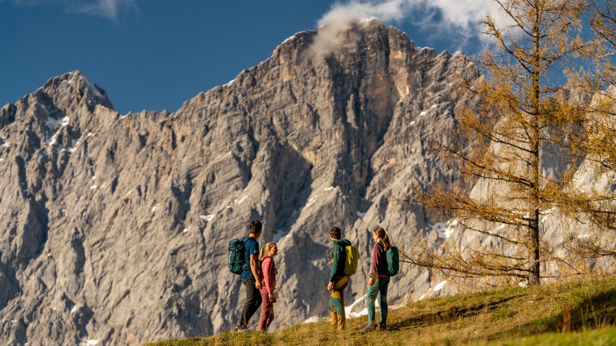Vier Wanderer stehen auf einer grünen Wiese vor einer Berglandschaft und genießen die Aussicht.